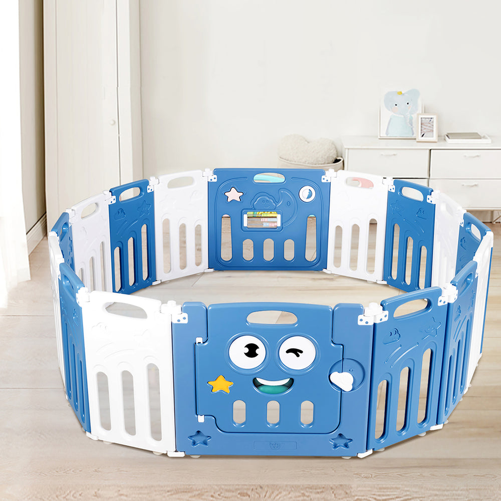 14-Panel Foldable unisex Baby Playpen Kids Activity Centre Lock Door Rubber Bases Blue Image 2