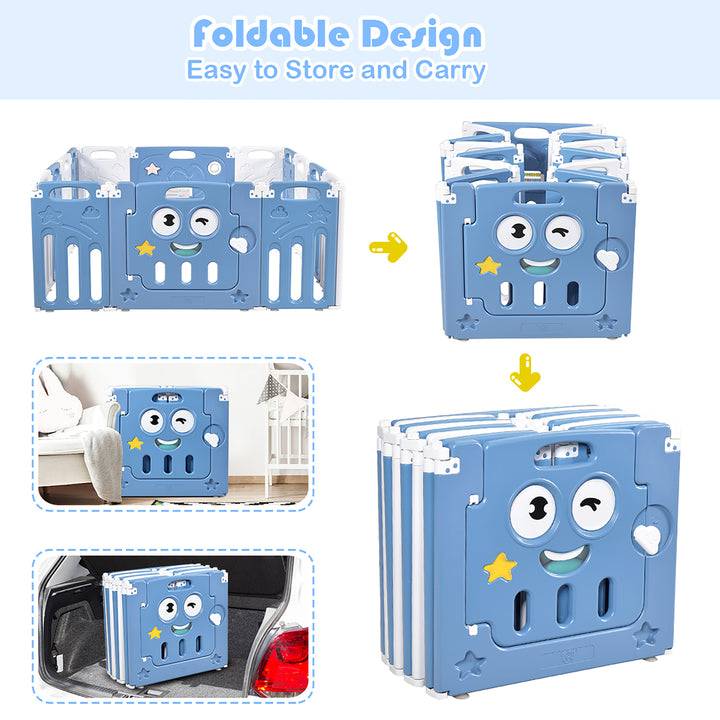 14-Panel Foldable unisex Baby Playpen Kids Activity Centre Lock Door Rubber Bases Blue Image 4