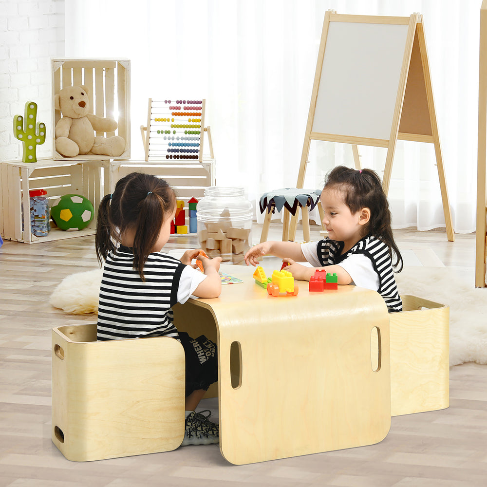 3 Piece Kids Wooden Table and Chair Set Children Multipurpose Homeschool Furniture Image 2