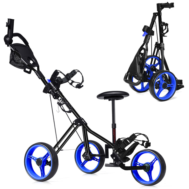 Foldable 3 Wheel Push Pull Golf Club Cart Trolley w/Seat Scoreboard Bag Red/Blue Image 4