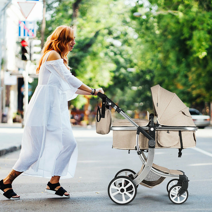 Folding Aluminum Infant Bassinet Reversible Baby Stroller W/ Diaper Bag BeigeBlackGrey Image 3