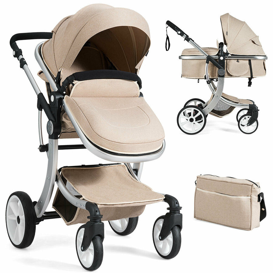 Folding Aluminum Infant Bassinet Reversible Baby Stroller W/ Diaper Bag BeigeBlackGrey Image 1