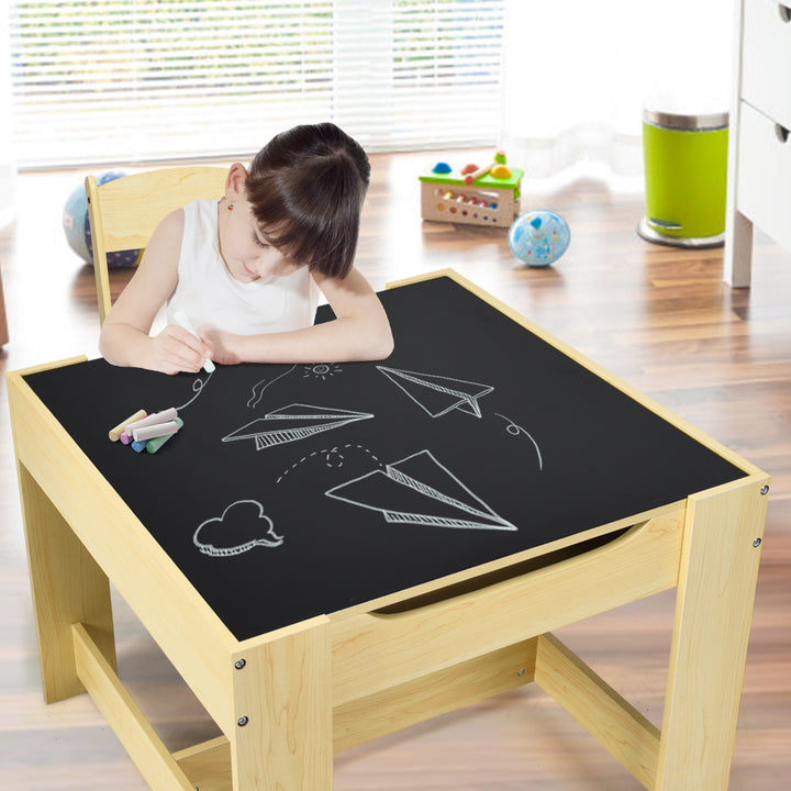 Costway Kids Table Chairs Set With Storage Boxes Blackboard Whiteboard Drawing GreyNature Image 2