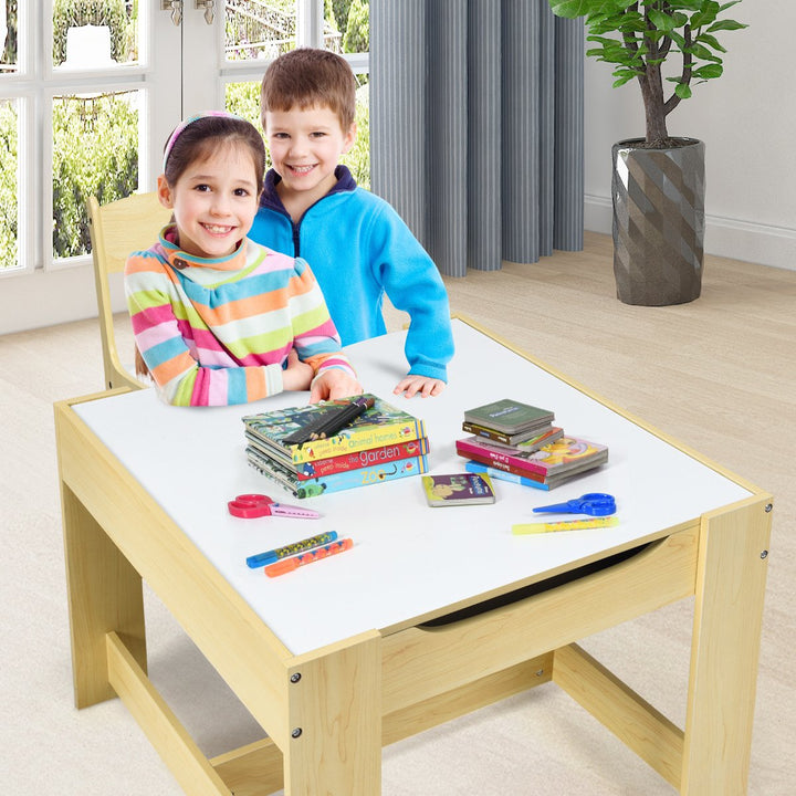 Costway Kids Table Chairs Set With Storage Boxes Blackboard Whiteboard Drawing GreyNature Image 3