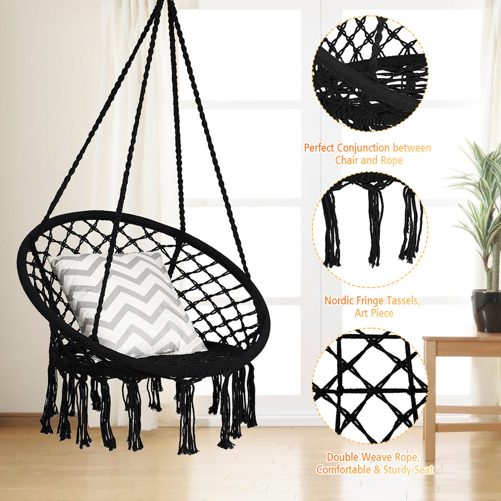 Costway Hanging Hammock Chair Macrame Swing Handwoven Cotton Backrest Garden Grey\ Black Image 2