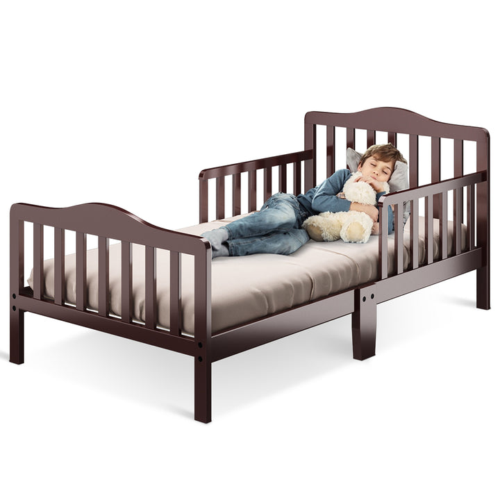 Kids Toddler Wood Bed Bedroom Furniture w/ Guardrails Black/Brown/Grey/White Image 1