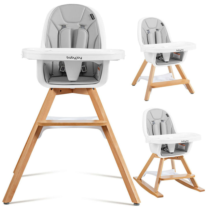 3-in-1 Convertible Wooden Baby High Chair w/ Tray Adjustable Legs Cushion Gray\ Beige Image 4