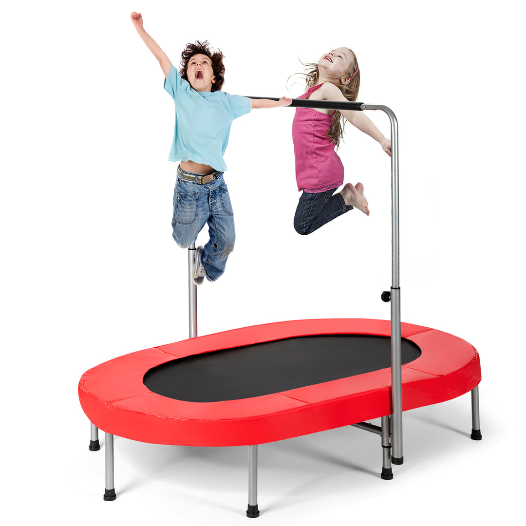 Goplus Foldable Trampoline Double Mini Kids Fitness Rebounder w/ Adjustable Handle Red\Blue Image 2