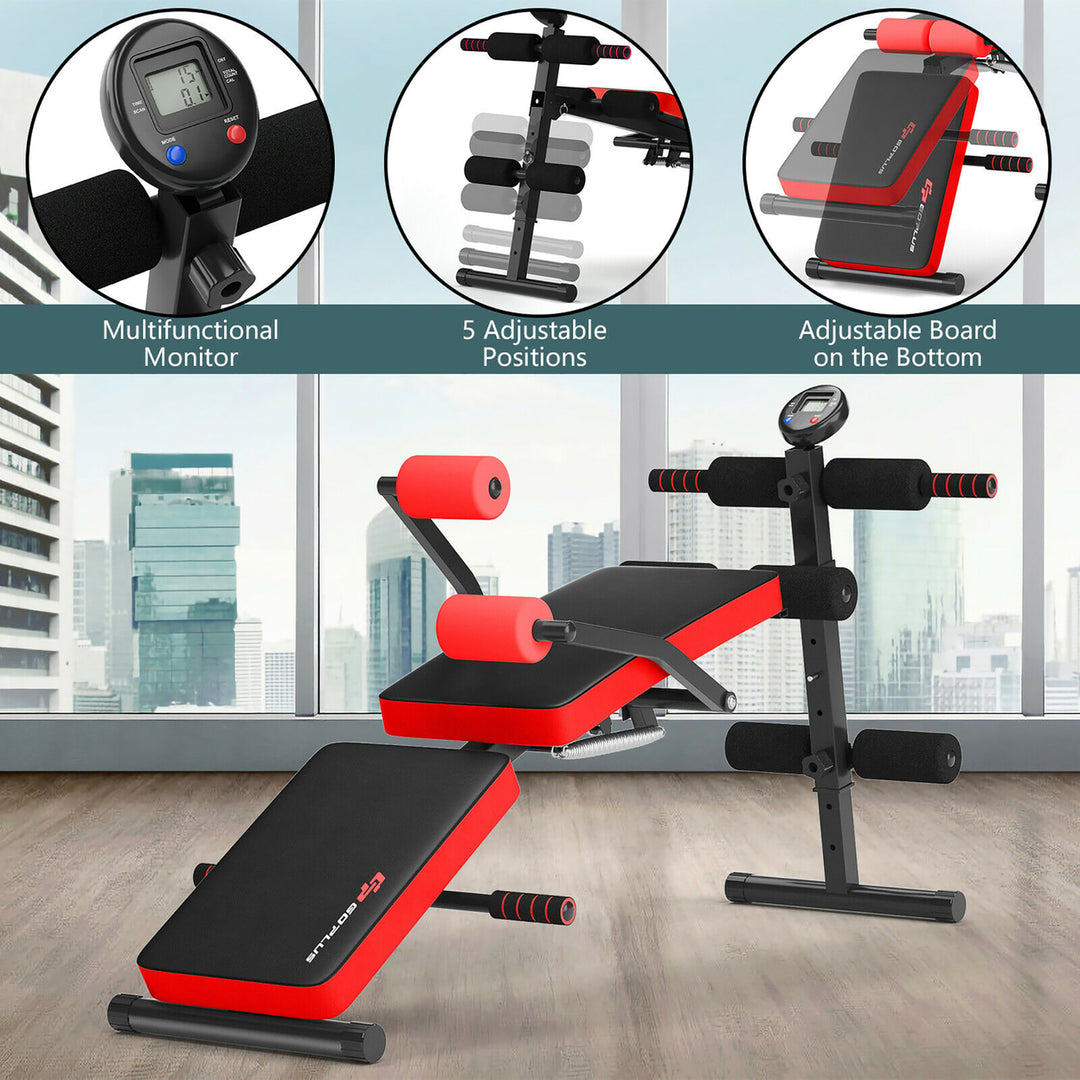 Goplus Multi-Functional Foldable Weight Bench Adjustable Sit-up Board w/ Monitor Red\Blue Image 2