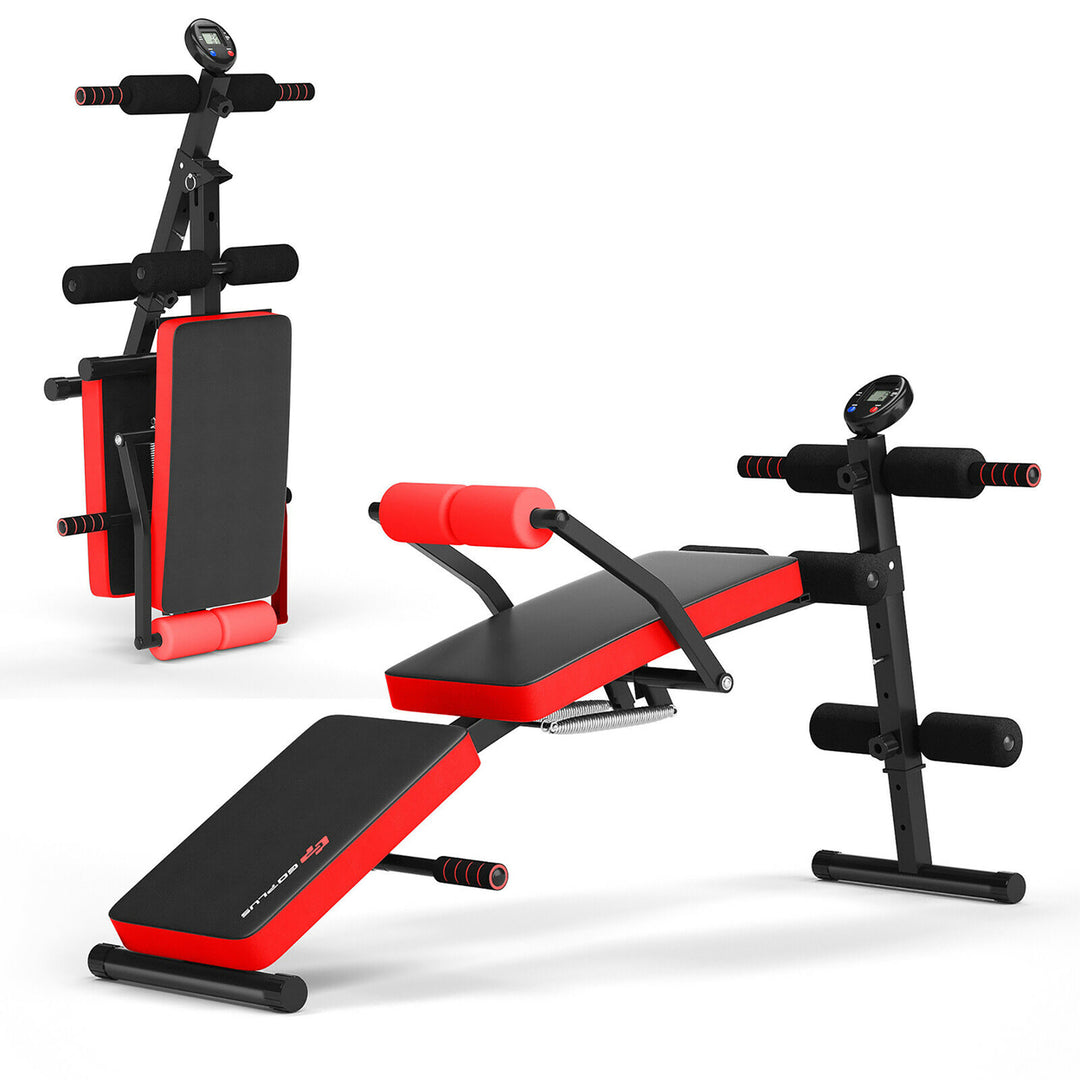 Goplus Multi-Functional Foldable Weight Bench Adjustable Sit-up Board w/ Monitor Red\Blue Image 1