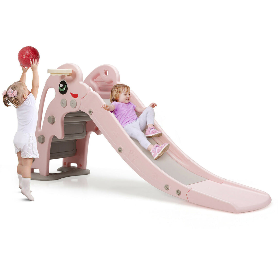 Costway 3-in-1 Kids Climber Slide Play Set w/Basketball Hoop Indoor and Outdoor Pink\Green Image 4