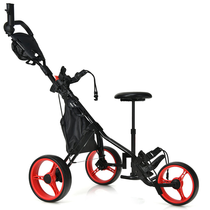 Goplus Folding 3 Wheels Golf Push Cart W/Seat Scoreboard Adjustable Handle Red\Blue\Grey\Green Image 3