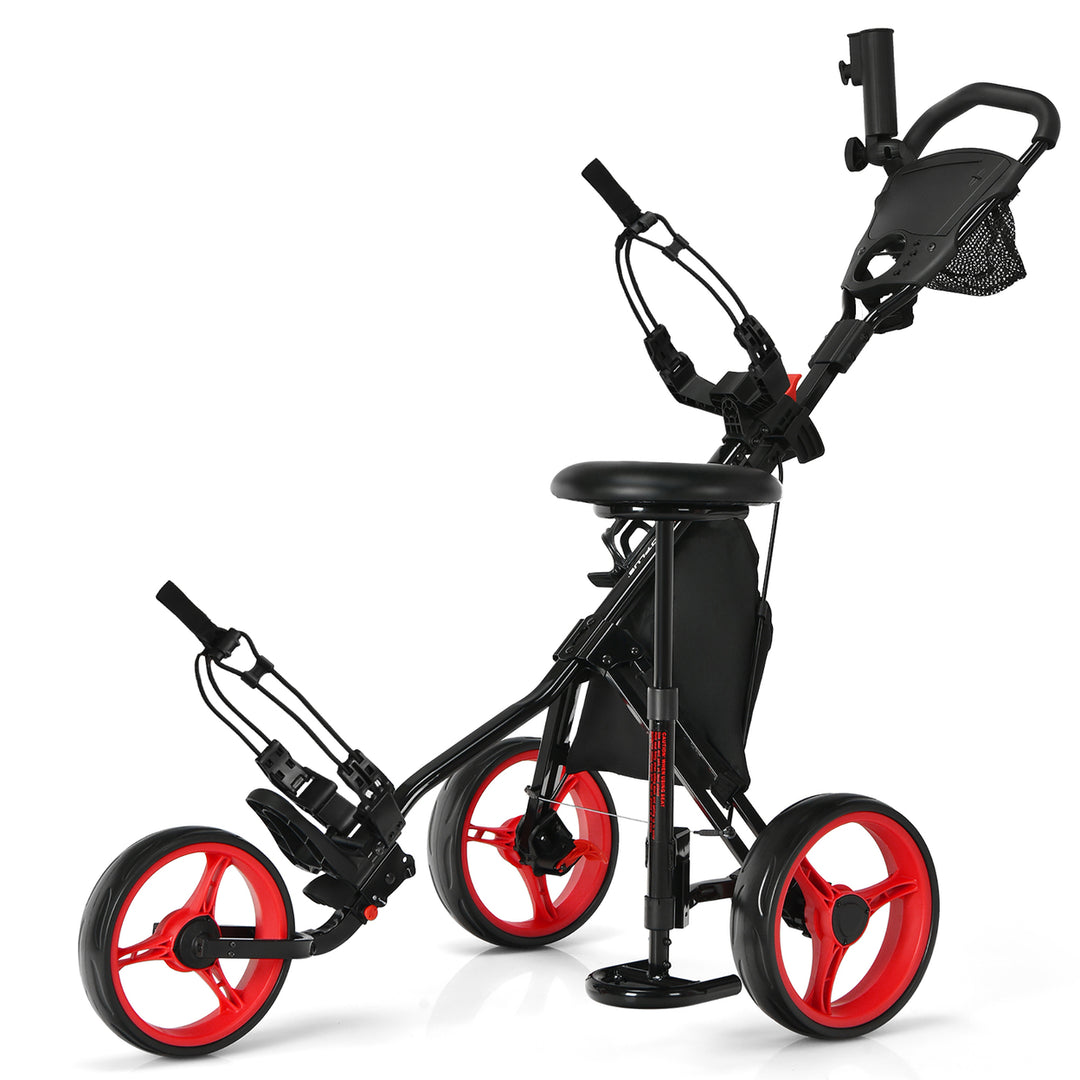 Goplus Folding 3 Wheels Golf Push Cart W/Seat Scoreboard Adjustable Handle Red\Blue\Grey\Green Image 7