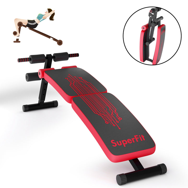 SuperFit Folding Weight Bench Adjustable Sit-up Board Curved Decline Bench BlueRed Image 1