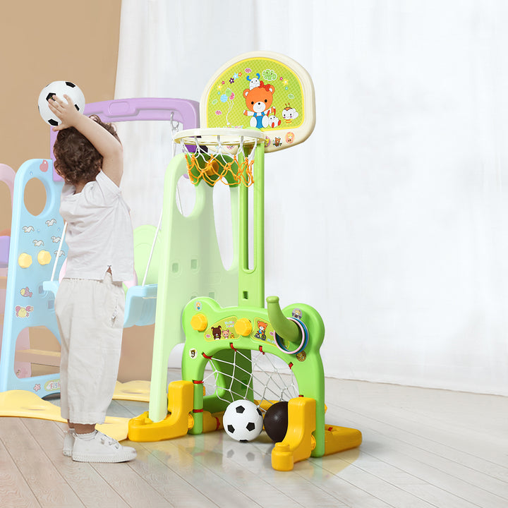 6 In 1 Toddler Climber and Swing Set w/ Basketball Hoop and Football Gate Backyard Image 8