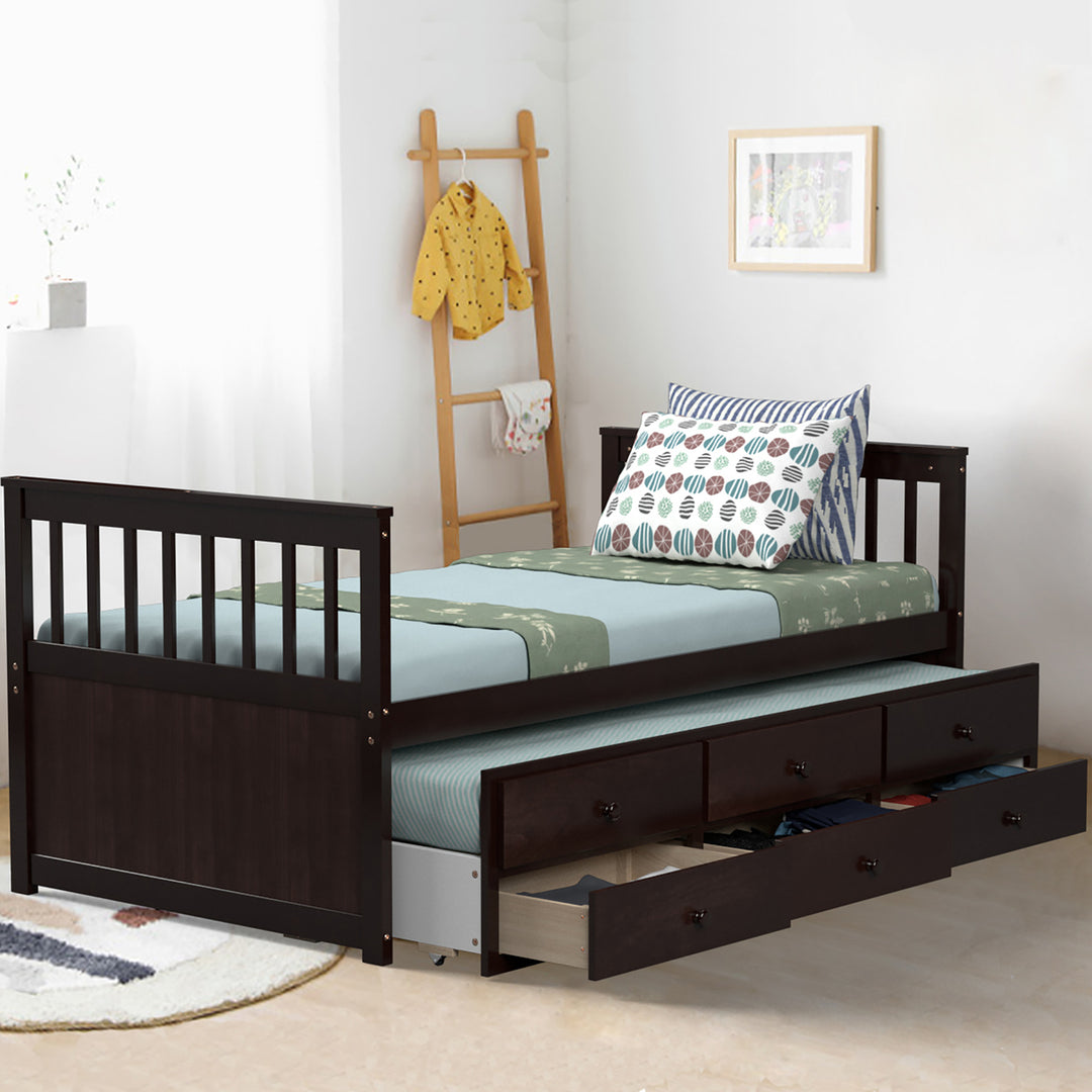 Twin Captains Bed Bunk Bed Alternative w/ Trundle and Drawers for Kids WalnutEspressoWhite Image 3