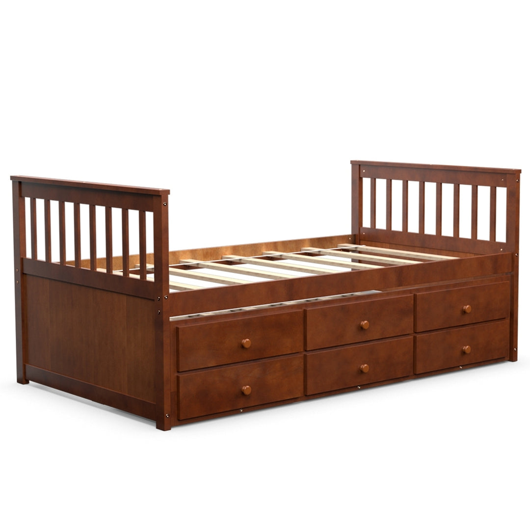 Twin Captains Bed Bunk Bed Alternative w/ Trundle and Drawers for Kids WalnutEspressoWhite Image 4