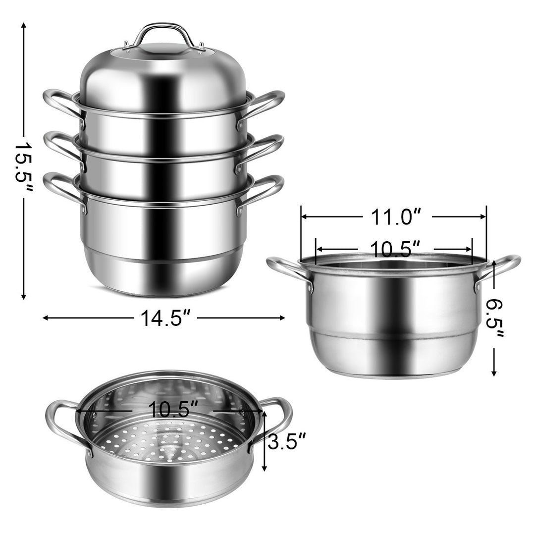 3 Tier 11 Inch Stainless Steel Steamer Set Cookware Pot Saucepot Double Boiler Image 2