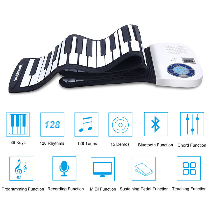 88 Key Electronic Roll Up Piano Keyboard Silicone Rechargeable Bluetooth w/Pedal Image 4