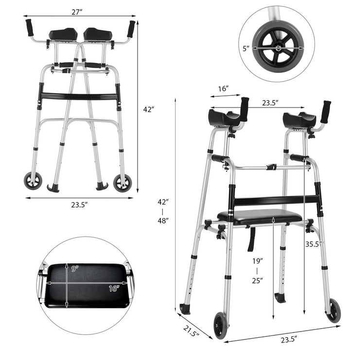 Foldable Aluminum Alloy Walker Wheel Walking Frame W/ Seat and Armrest Pad Image 3