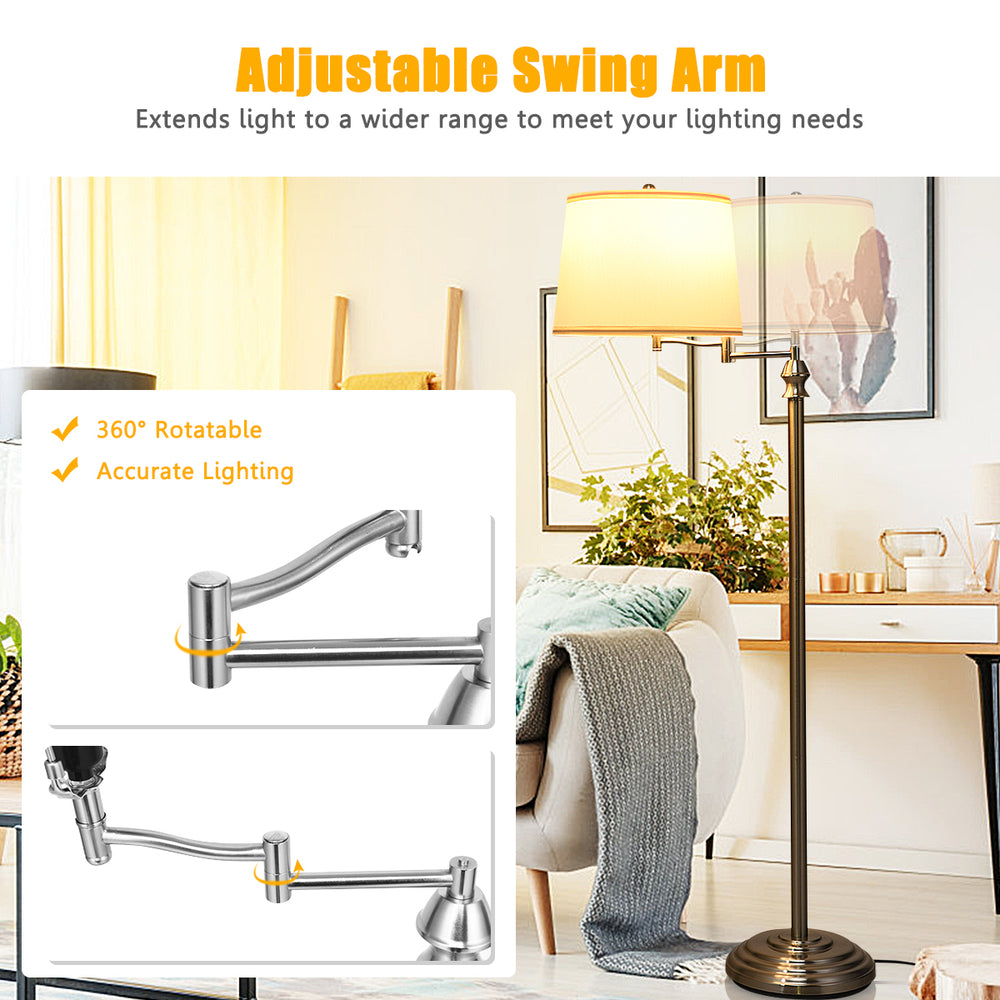 Swing Arm LED Floor Lamp Classic Lamp w/Hanging Fabric Lamp shade Bedroom Office Image 2