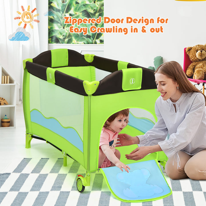 Green Baby Crib Playpen Playard Pack Travel Infant Bassinet Bed Foldable Image 4
