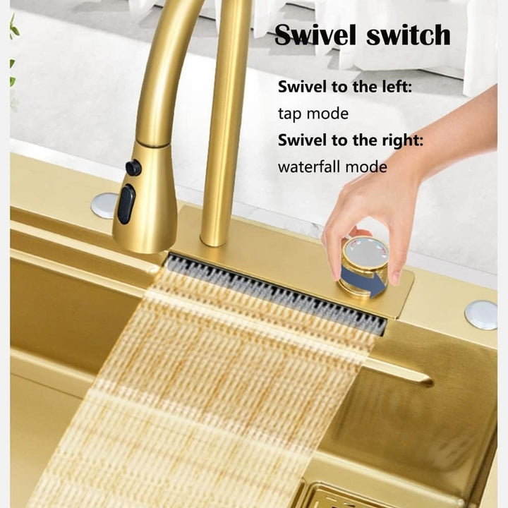 Flying Rain Waterfall Kitchen Sink Stainless Steel Gold 29.5 Inch 4 Modes Image 2