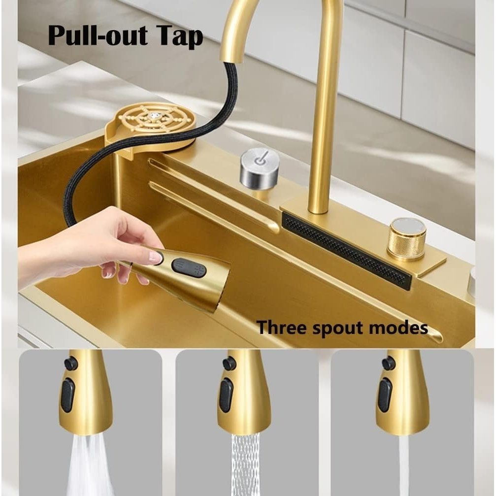 Flying Rain Waterfall Kitchen Sink Stainless Steel Gold 29.5 Inch 4 Modes Image 3