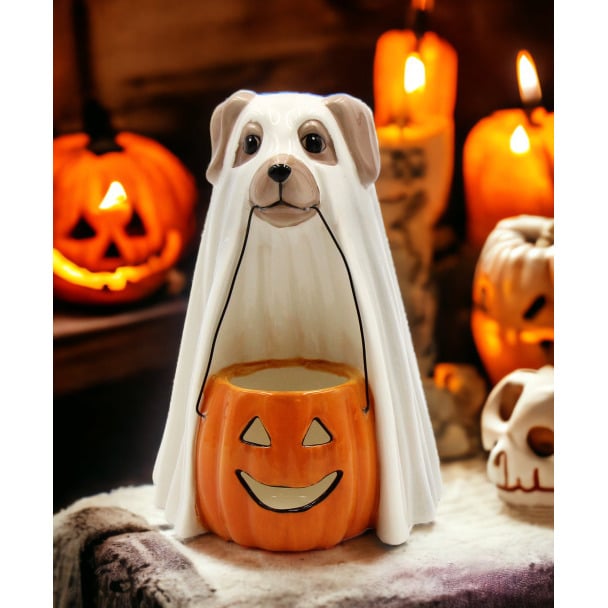 Ceramic Halloween Ghost Dog Pumpkin Tealight Holder 4 7/8" Gift Image 1