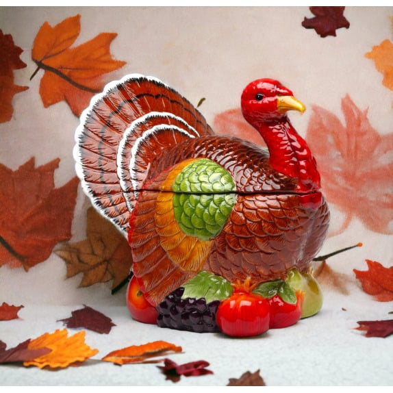 Ceramic Turkey Cookie Jar 10.5" Hand Painted Fall Thanksgiving Gift Image 2