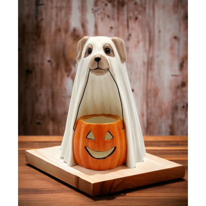 Ceramic Halloween Ghost Dog Holding Pumpkin Jack-O-Lantern T-light Candle HolderHome Dcor, Image 2