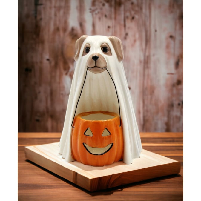 Ceramic Halloween Ghost Dog Pumpkin Tealight Holder 4 7/8" Gift Image 2