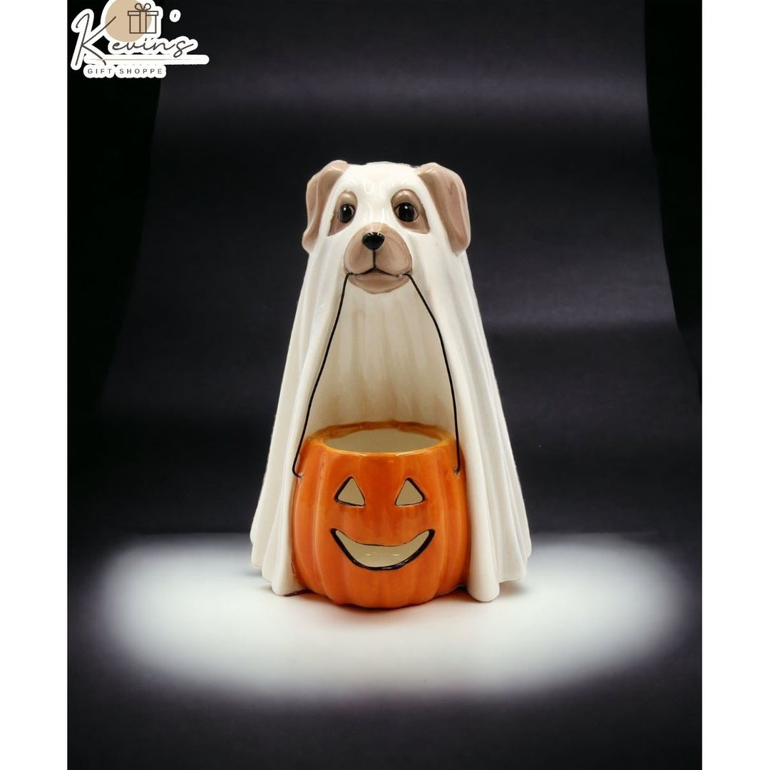 Ceramic Halloween Ghost Dog Pumpkin Tealight Holder 4 7/8" Gift Image 3