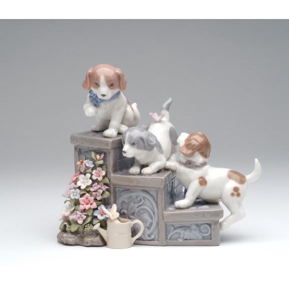 Ceramic Three Puppies Music Box Garden Steps 5x6 Gift for Dog Lovers Image 3