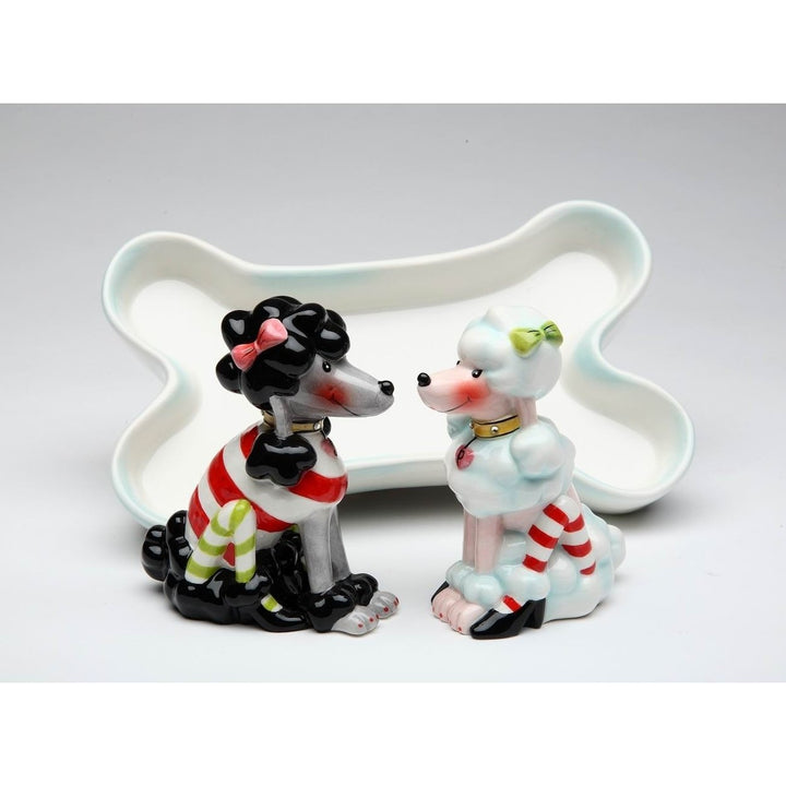 Ceramic Poodle Dogs Salt and Pepper Shakers with Bone Tray Gift Image 3