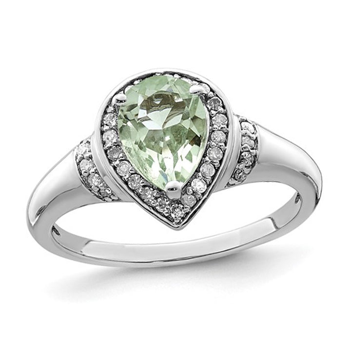 1.00 Carat (ctw) Pear-Cut Green Quartz Ring in Sterling Silver with Diamonds Image 1
