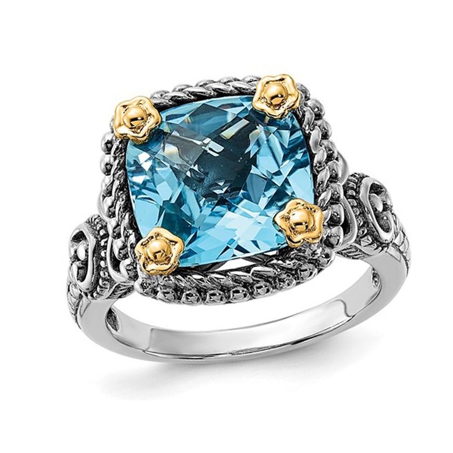 8.50 Carat (ctw) Cushion-Cut Blue Topaz Ring in Sterling Silver with 14K Gold Accents Image 1