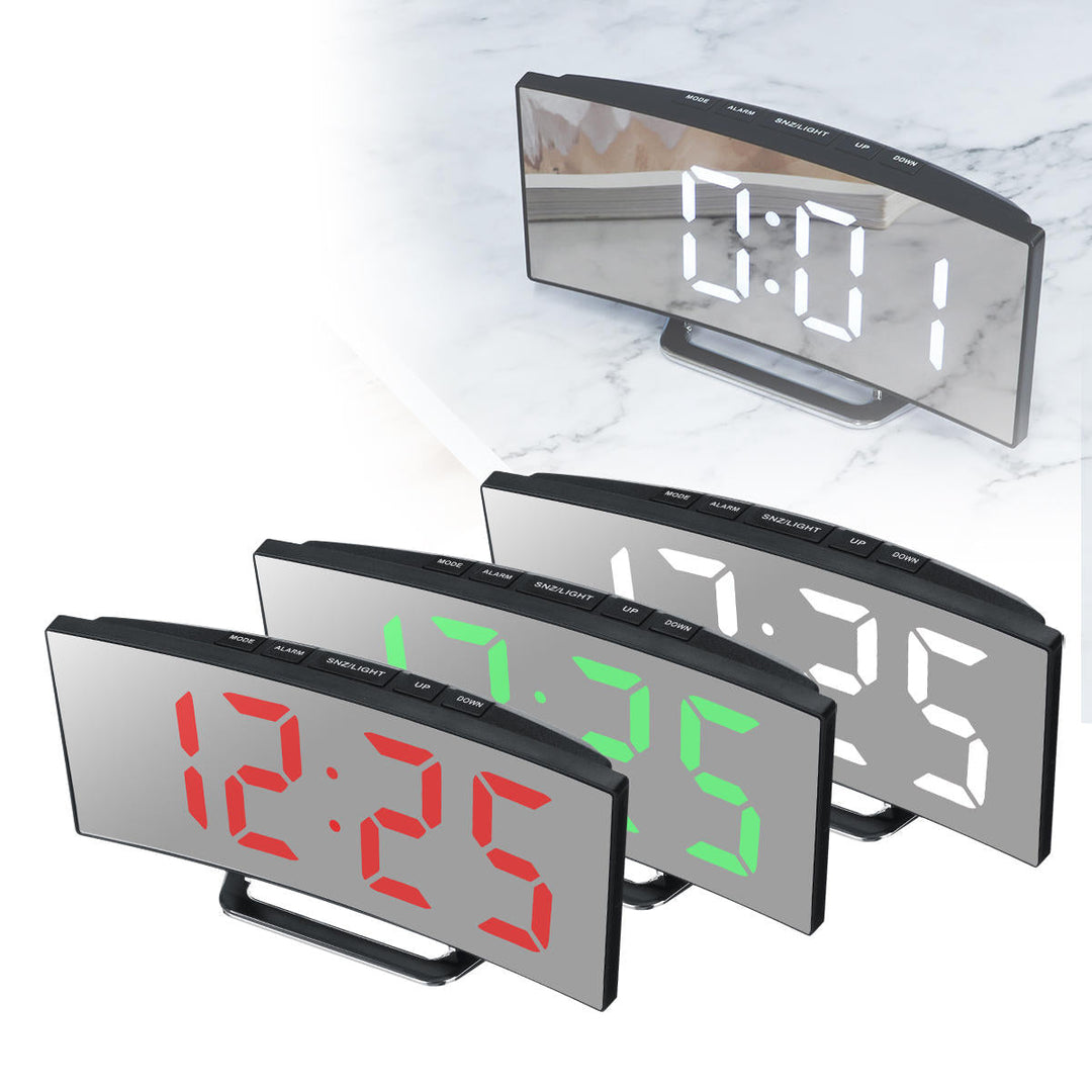 Curved LED Digital Alarm Clock Mirror Table Display Temperature Snooze USB Room Image 3