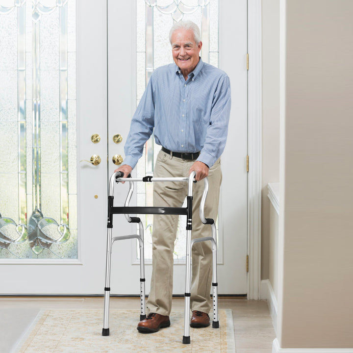 One-button Folding Walker Aluminum Walking Frame w/ Adjustable Height Image 3