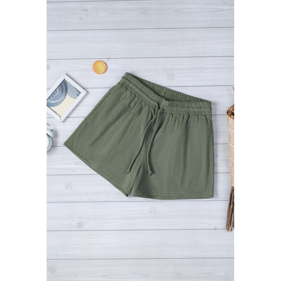 Womens Green High Rise Elastic Drawstring Waistband Side Pockets Knit Shorts Image 1