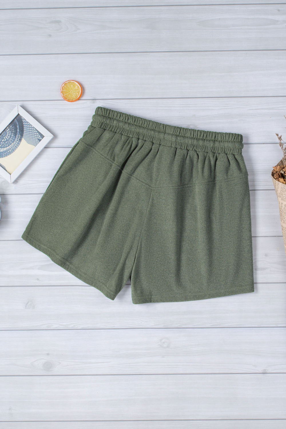 Womens Green High Rise Elastic Drawstring Waistband Side Pockets Knit Shorts Image 2