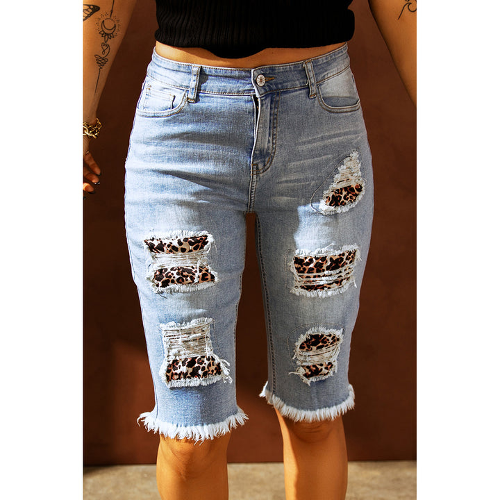 Womens Mid-rise Ripped Leopard Patches Denim Bermuda Shorts Image 3