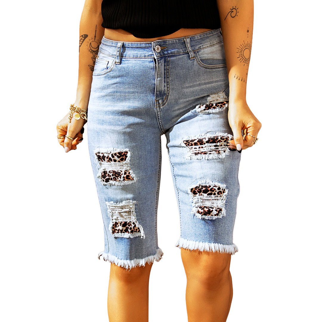 Womens Mid-rise Ripped Leopard Patches Denim Bermuda Shorts Image 4