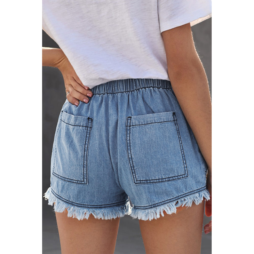 Womens Sky Blue Casual Pocketed Frayed Denim Shorts Image 2