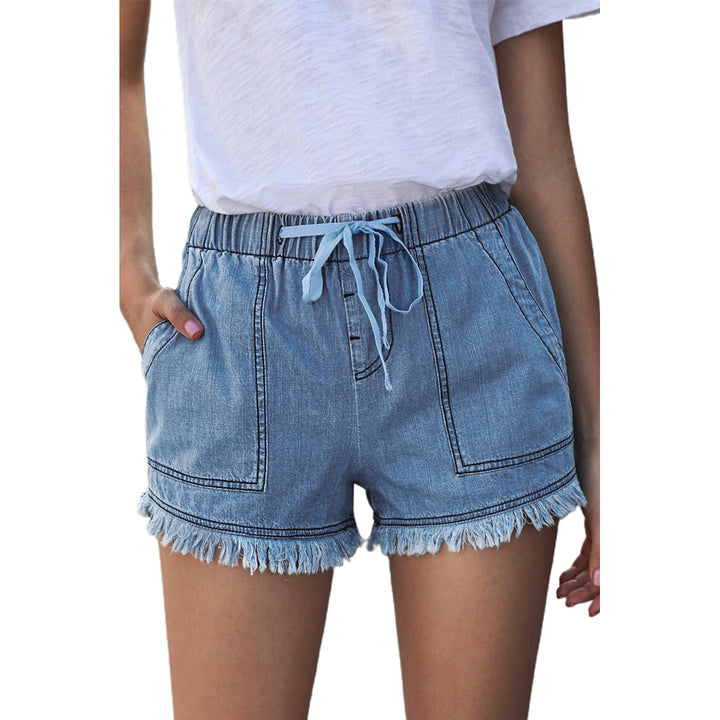 Womens Sky Blue Casual Pocketed Frayed Denim Shorts Image 4