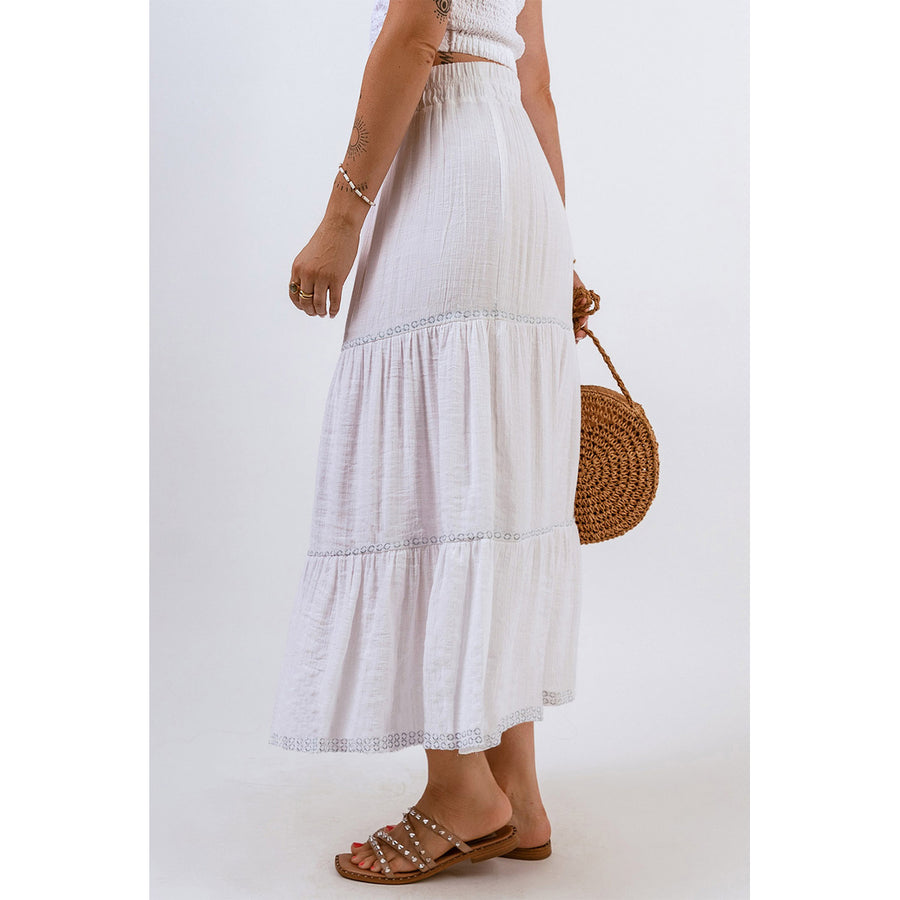 Womens White Tiered Lace Crochet High Waist Maxi Skirt Image 1