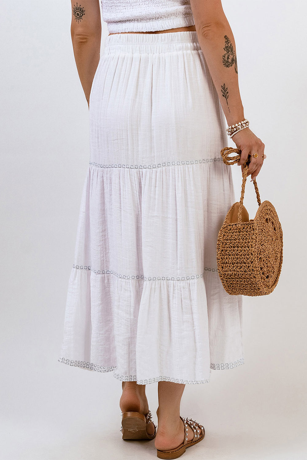 Womens White Tiered Lace Crochet High Waist Maxi Skirt Image 2