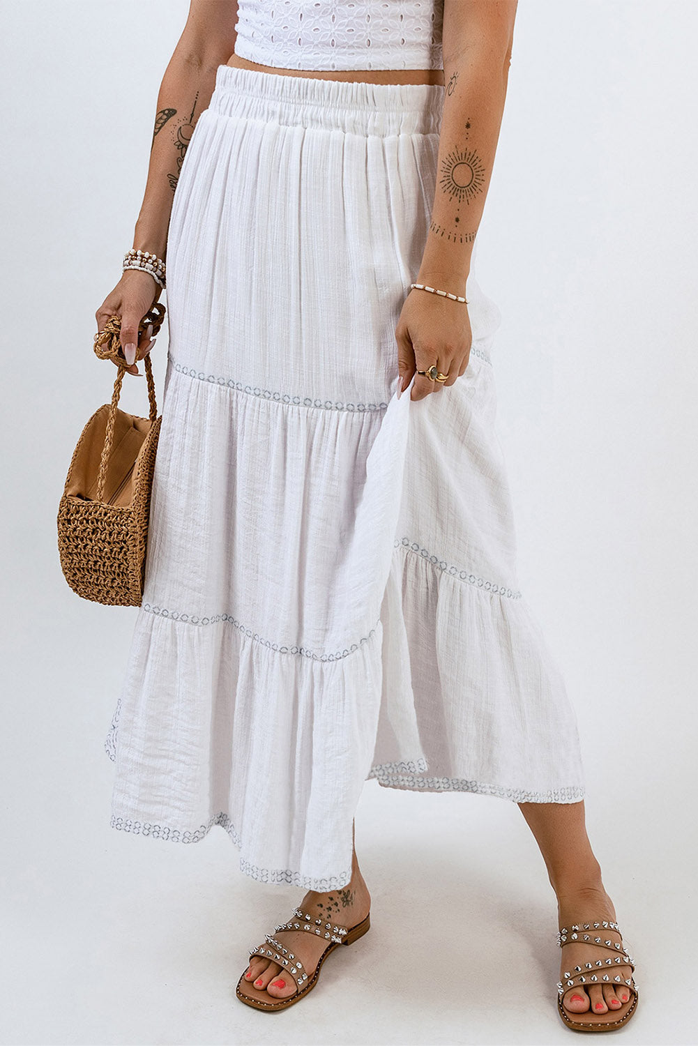 Womens White Tiered Lace Crochet High Waist Maxi Skirt Image 3