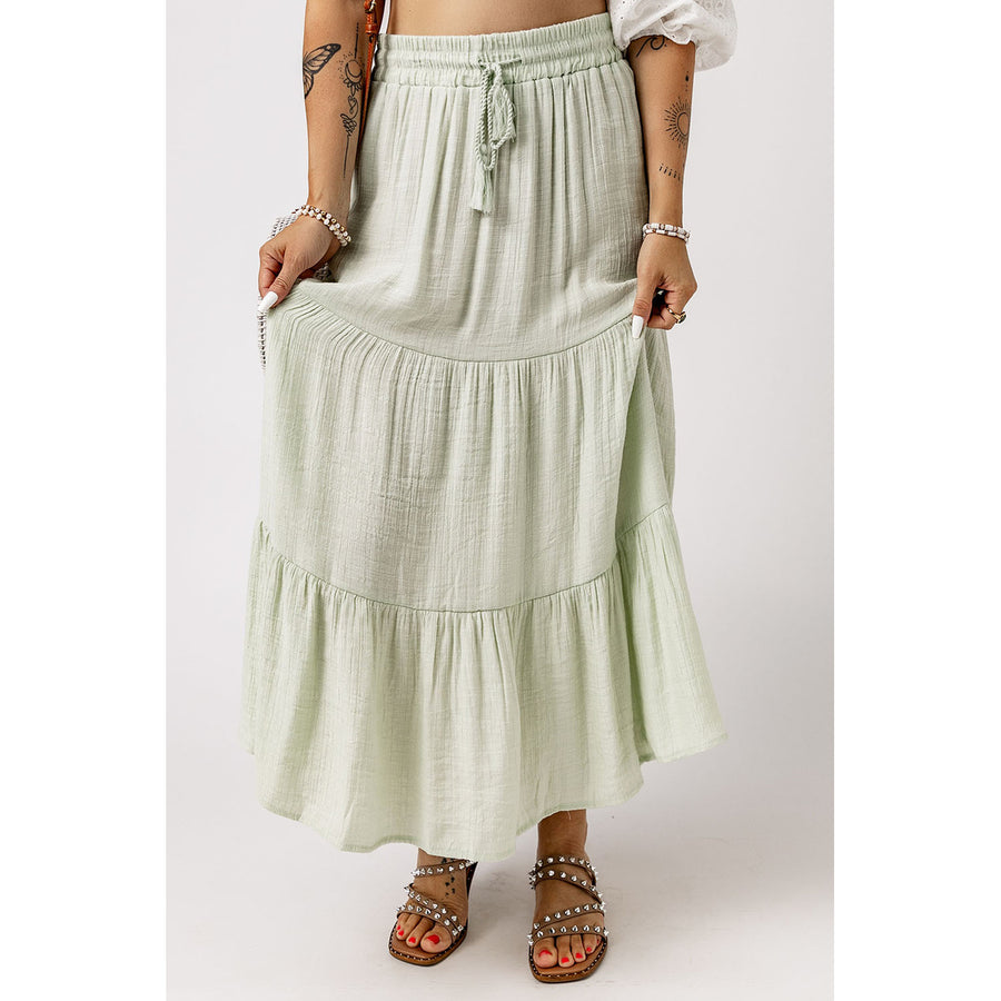 Womens Green Drawstring High Waist Tiered Long Skirt Image 1