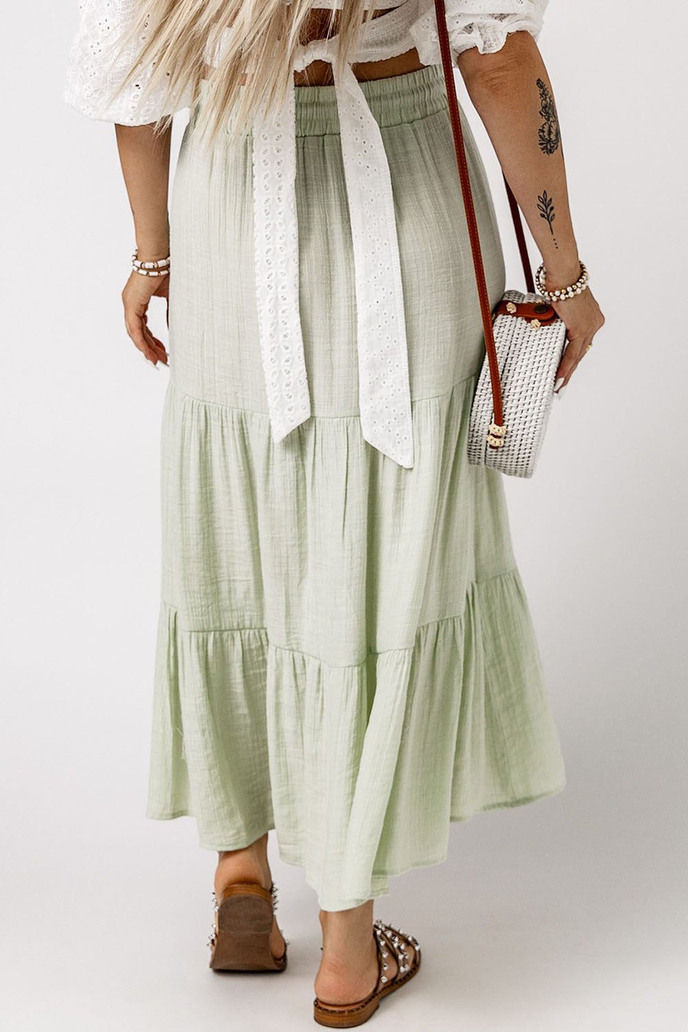 Womens Green Drawstring High Waist Tiered Long Skirt Image 2